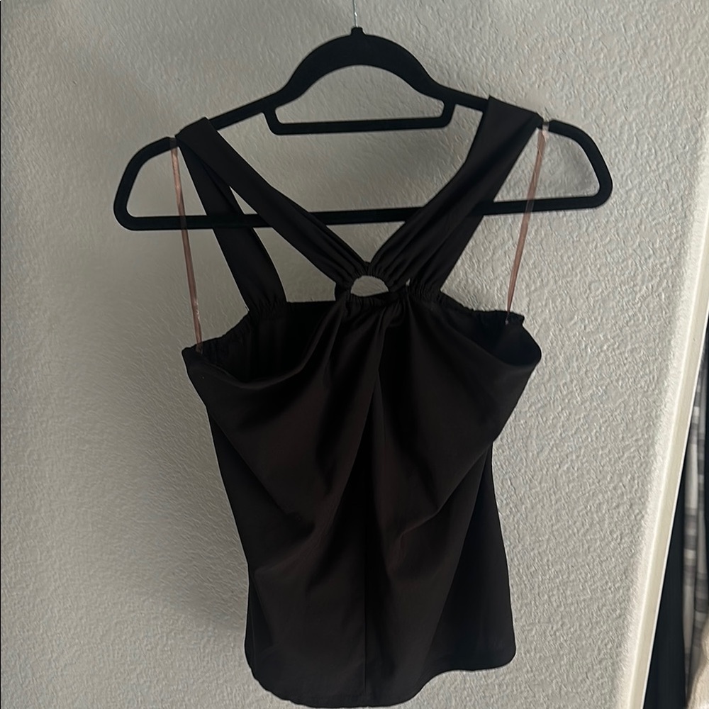 AUW Black Sleeveless Tank Top with Asymmetrical Cut Out Design